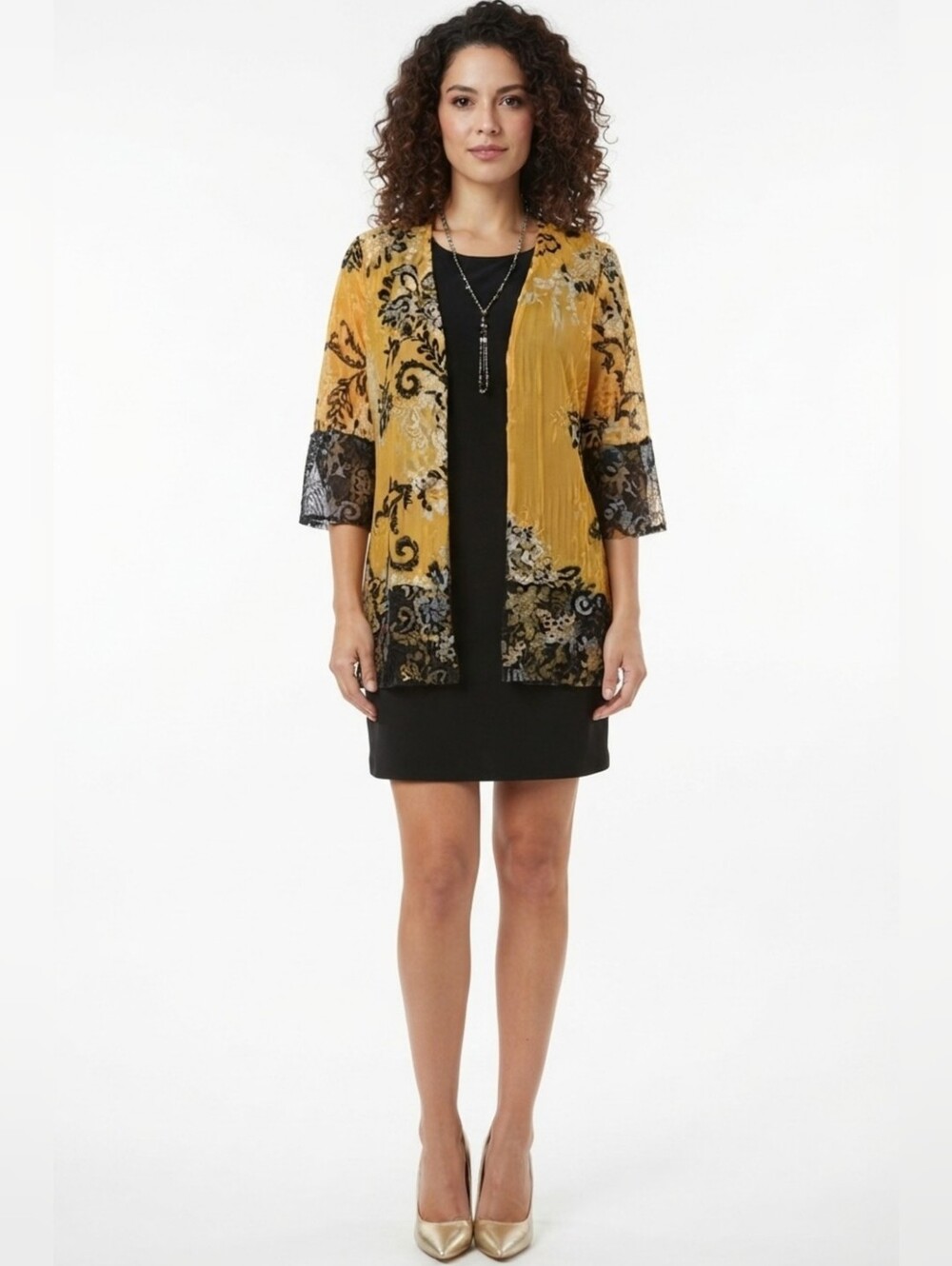 Sandra Darren Mustard Velvet Floral Open-Front Jacket with Black Accents